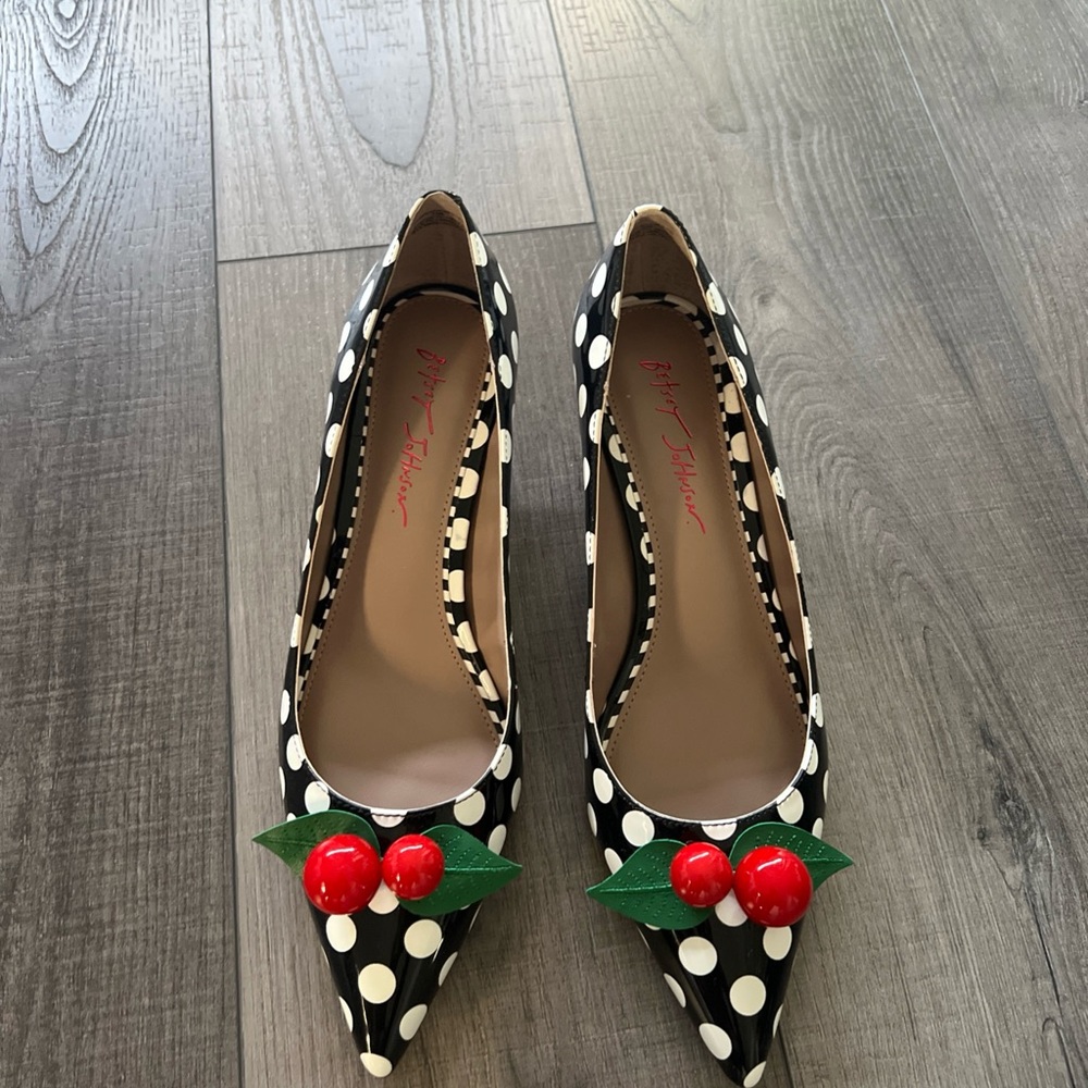 Betsey Johnson Black and White Polka Dot Heels with Cherry Detail
